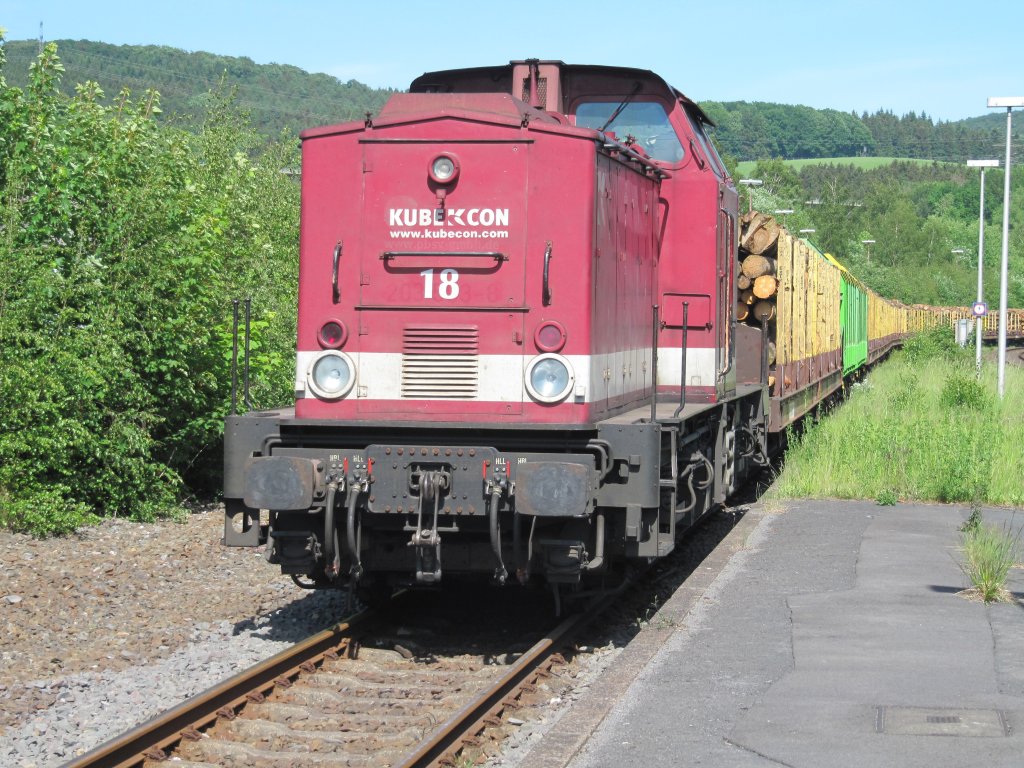 Kubecon 18 (ex. 203 503-8) wartet am 23.05.2011 mit einem beladenen Holzzug auf Gleis 3 im Bahnhof Arnsberg.