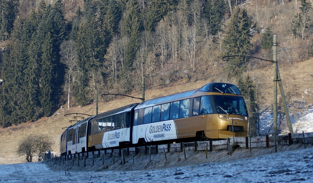 Kurz bevor das erste Sonnenlicht das Tal erreicht fuhr der Goldenpanoramic 3118 an unserem Fotostandpunkt vorbei...
(23.01.2011)
