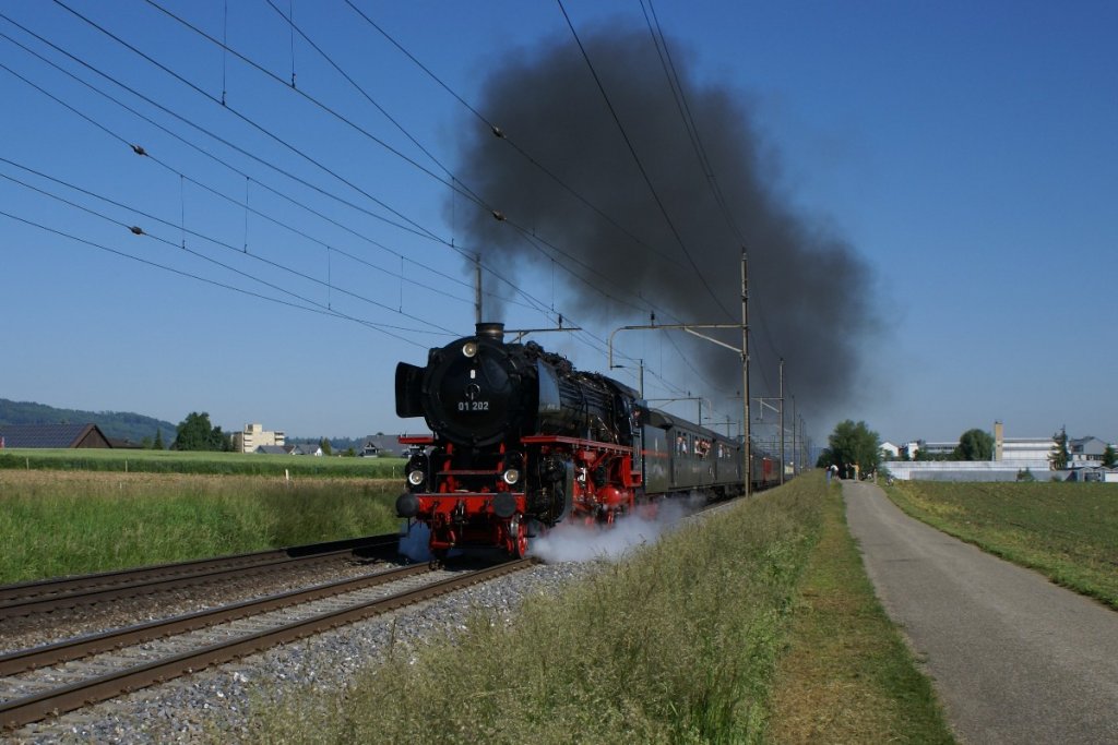 Kurz danach folgte dann die 01 202 mit krftigen Auspuffschlgen, da der Zug in Wohlen einen Zwischenhalt eingelegt hatte. (5.6.10)
