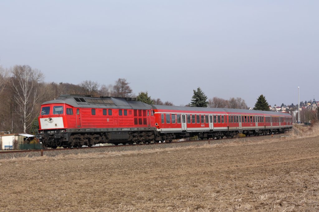 Kurz hinter Schm�lln konnte 232 903-5 mit dem RE 3632 von Altenburg nach Erfurt abgelichtet werden. Das Foto entstand am 12.03.2011. 