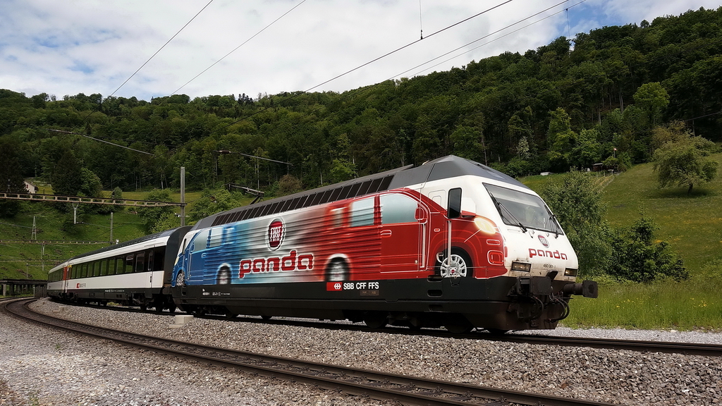 Kurz nach dem langen Bzbergtunnel im Aargau zeigt sich die Re 460 001-1  Panda  wieder im hellen Sonnenlicht. Fr mich mit die schnste Werbebemalung in attraktiven Farben. 20.5.2013