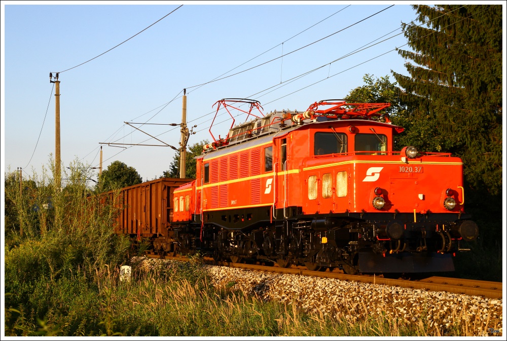 Kurz nach St. Georgen an der Gusen konnte ich nochmals die 1020 037 mit dem  Planstrom  Sdz 94699 (Plan 47541) von Summerau nach Linz-Stahlwerke ablichten. 
9.8.2010