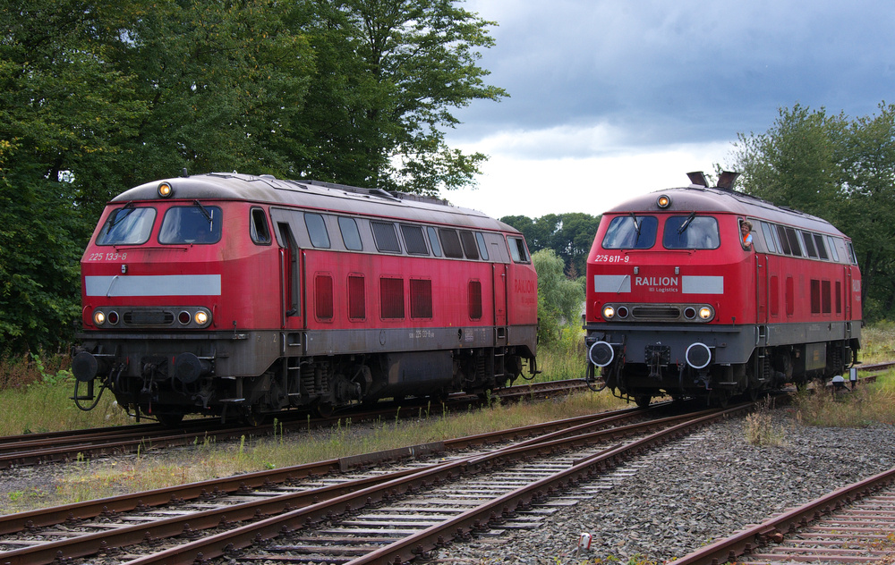 Landpartie mit V 160 - 
Gleich zwei Diesel der V 160 Baureihe waren am 25.08.2012 im lndlichen Ostertal unterwegs.

Hier zeigen sich auch im Detail die kleinen Unterschiede der beiden Baureihen.

225 133-8 (ex 215 133-0) - 225 811-9 (ex 218 011) im Bahnhof Schwarzerden.