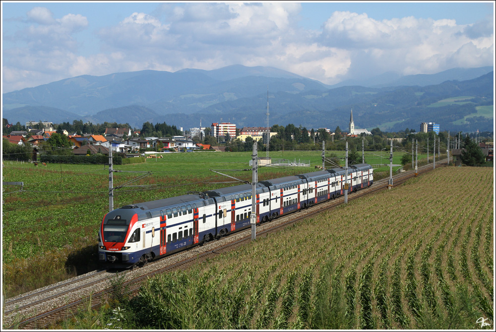 Lauftechnische Messfahrten f�r die f�r WESTbahn AG im Murtal.SBB Triebwagen 511 001  KISS  der Fa. Stadler f�hrt als SPROB 97764 von St. Michael in der Obersteiermark nach St.Veit an der Glan. 
Zeltweg  23.9.2011