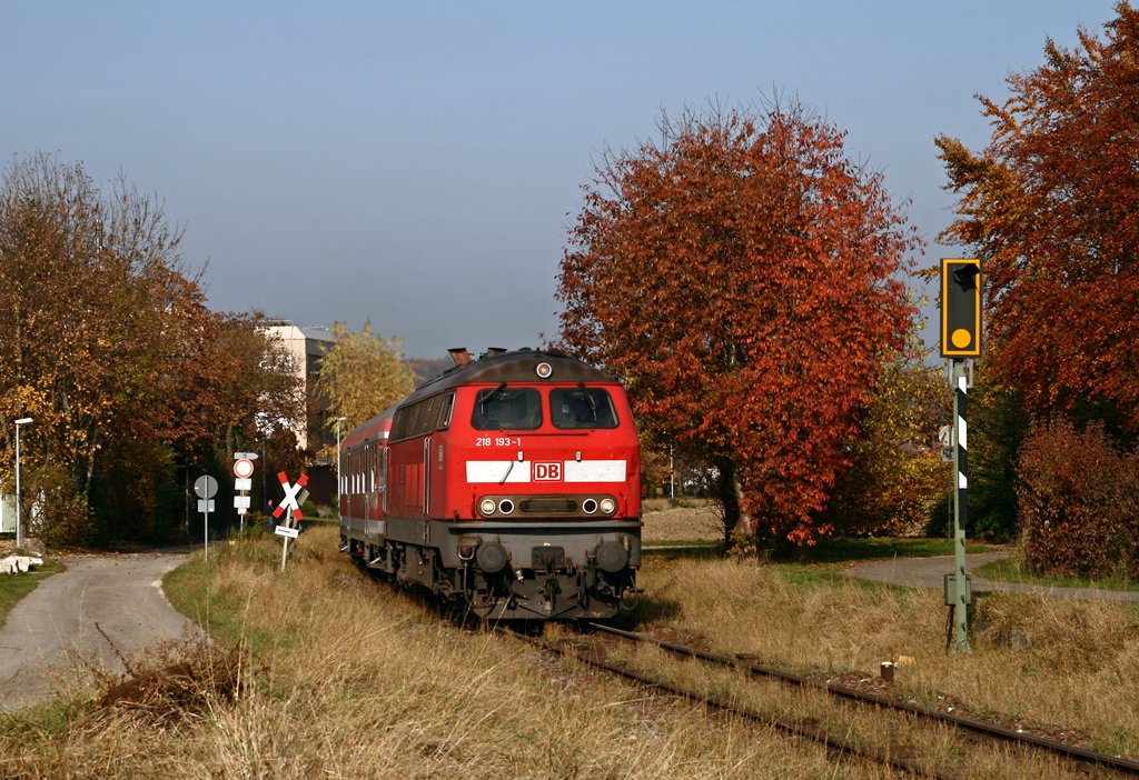 Laut pfeifend berquert die Ulmer 218 193 am 29. Oktober 2009 mit der RB 13495 von Wendlingen (Neckar) nach Oberlenningen einen unbeschrankten Bahnbergang zwischen Owen und Brucken.