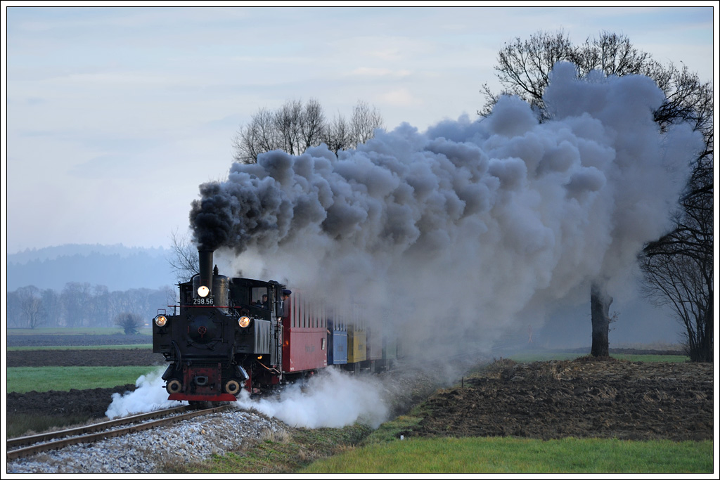 Leider meinte es die Sonne gestern mit uns nicht wirklich gut. Der Stainzer Flascherlzug kurz vor der Haltestelle Neudorf/Stainzta am 26.11.2012.
