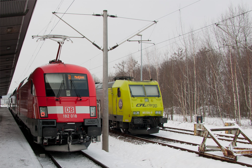 Letzte Woche aus Dessau eingetroffen, mit neuer HU und frischer Lackierung zeigt sich 182 018 an der S1 nach Meien im Bahnhof Pirna. 22.02.2013