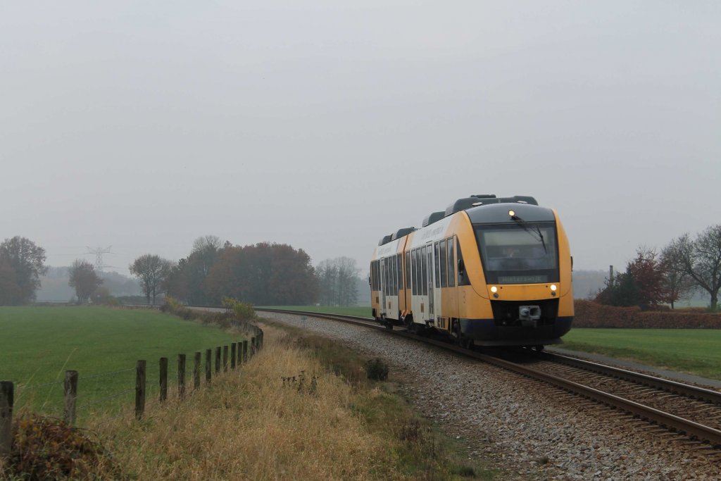 Lint-Triebwagen 43 von Syntus mit Regionalzug 30845 Zutphen-Winterswijk bei Warnsveld am 19-11-2012.


