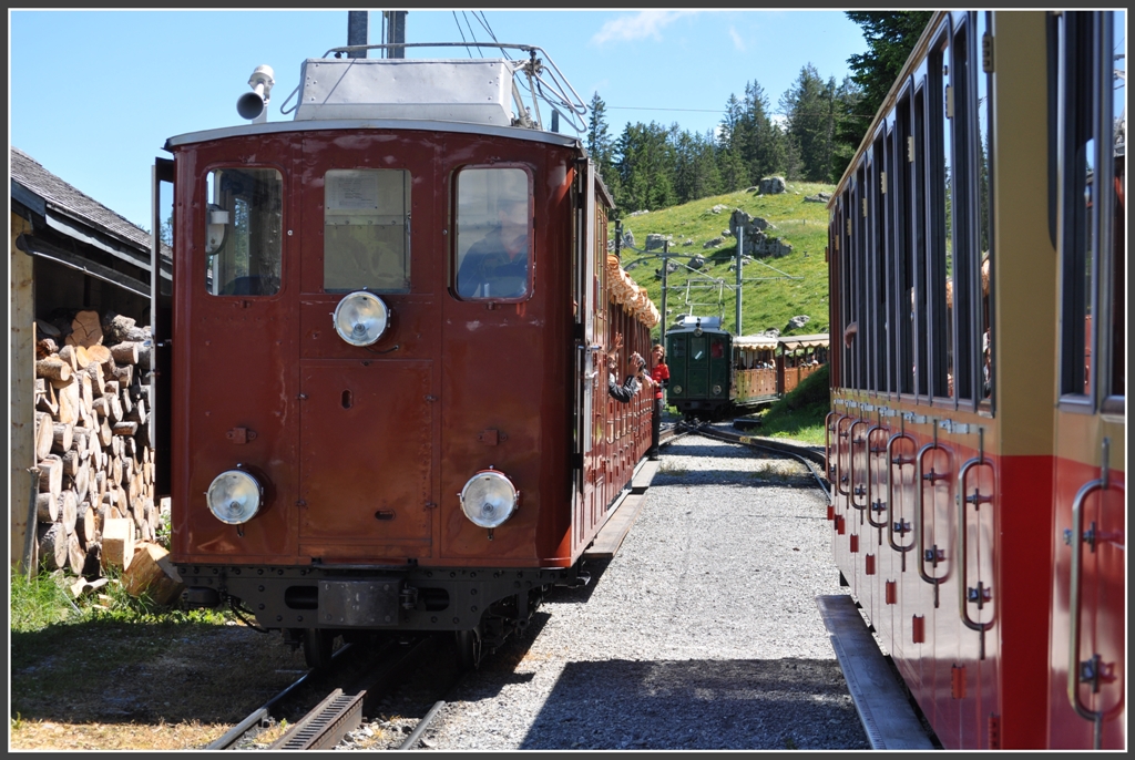 Lok 14 (Jahrgang 1914)kreuzt zwei bergfahrende Zge in Breitlauenen. (27.06.2012)