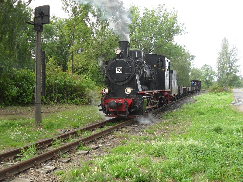 Lok 20 ist am 15.09.2012 gerade mit ihrem Gterzug in Richtung Hettstedt im Hp. Zirkelschacht eingefahren.
