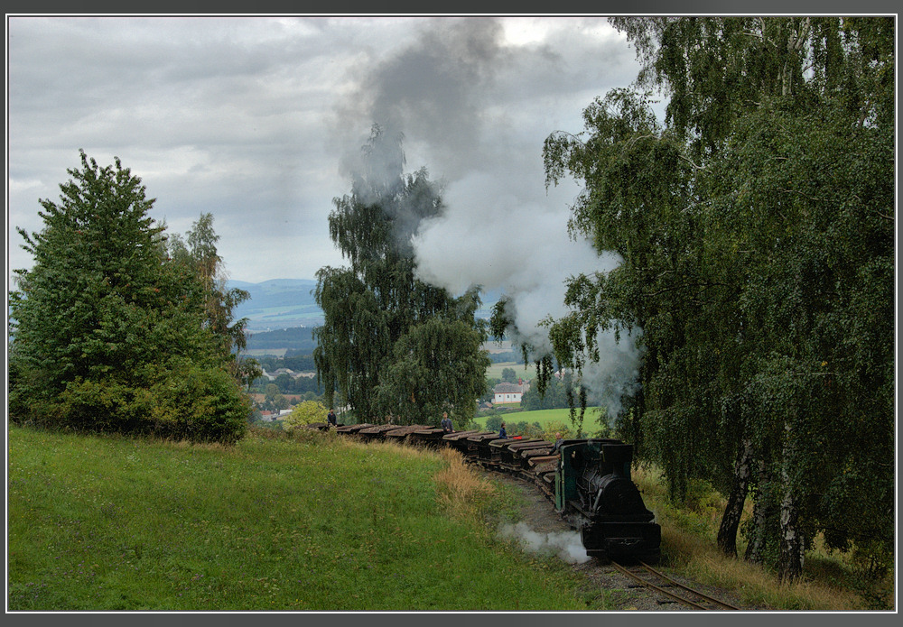 Lok 5  Petka  der Industrie-Museumsbahn Mladejov mit typischem Zug und Bremserbesatzung verlsst das Ortsgefge Mladejov (dt. Blosdorf) und taucht in die Wlder ein, 10.9.2011