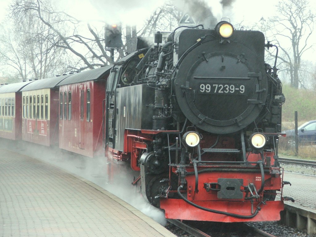 Lok 99 7239 mit HSB-Zug zum Brocken am trben 04. April 2012 im Bahnhof Wernigerode-Westerntor