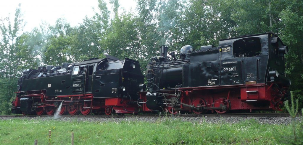 Lok 99 7240 und Lok 99 6101 (Henschel u. Sohn, Baunr. 12879, Bauj. 1914) haben den Dixie-Train durch das Selketal von Quedlinburg nach Silberhtte gezogen und werden nun fr die Rckfahrt umgesetzt. (26.06.2010)