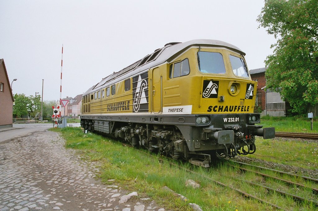 Lok Therese als BR 232 des ehemaligen  EVU Schauffele im Bahnhof von Gadebusch am 6.07.2004 abgestellt
