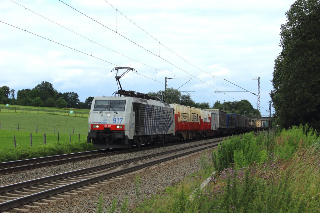 Lokomotion 189 917 mit einem Container/KLV Zug in Grokarolinenfeld am 17.07.2012