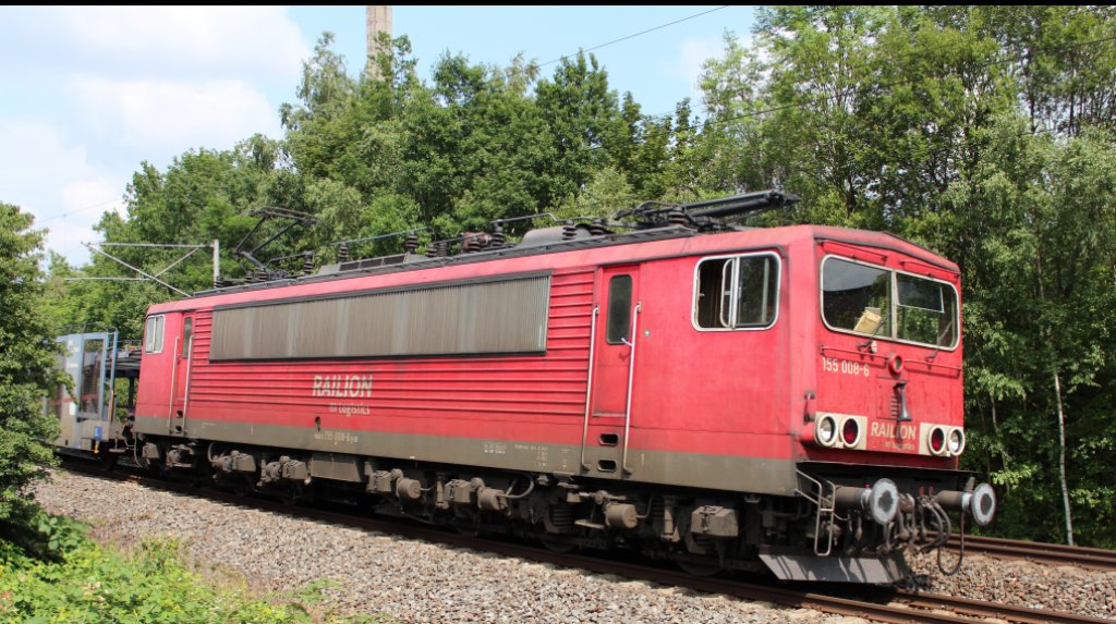 Lokportrait von der 155 008-6, sie kam  mit einem gemischten Gterzug am heimischen Garten kurz vor Zwickau vorbei. 20.07.2013