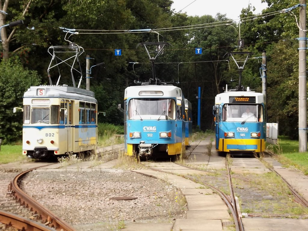 Lowa ET 57 802 (ex Naumburg 33), TB3DM 512 und T3DM 505 am 04.09.2011 in Chemnitz-Schnau.