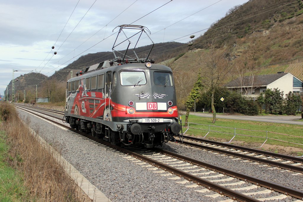 Lz aus Kln kommend: 115 509 DB Autozug. Sichtung aus Leutesdorf am 14.04.2013