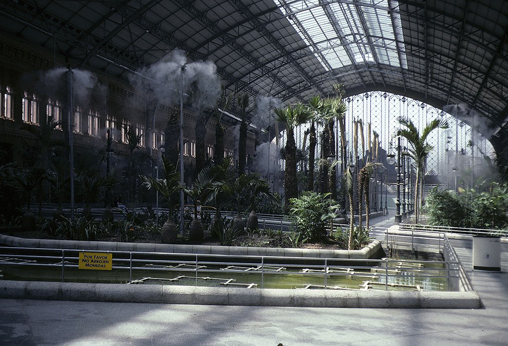 Madrid. Die Halle des Bahnhofs Atocha beherbergt einen botanischen Garten. Aufnahme von Juni 1993, HQ-Scan ab Dia.
