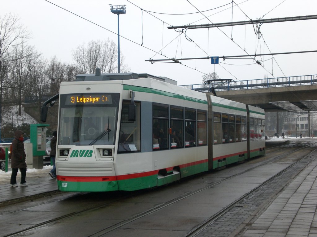 Magdeburg: Straenbahnlinie 3 nach Leipziger Chaussee am Damaschkeplatz/Hauptbahnhof.(18.2.2010)