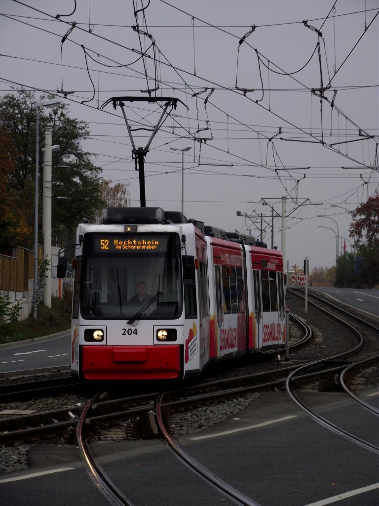 Mainzer Straenbahn auf der Linie 52 in Hechtsheim Jgerhaus am Abzweig zum Schinnergraben am 02.11.11