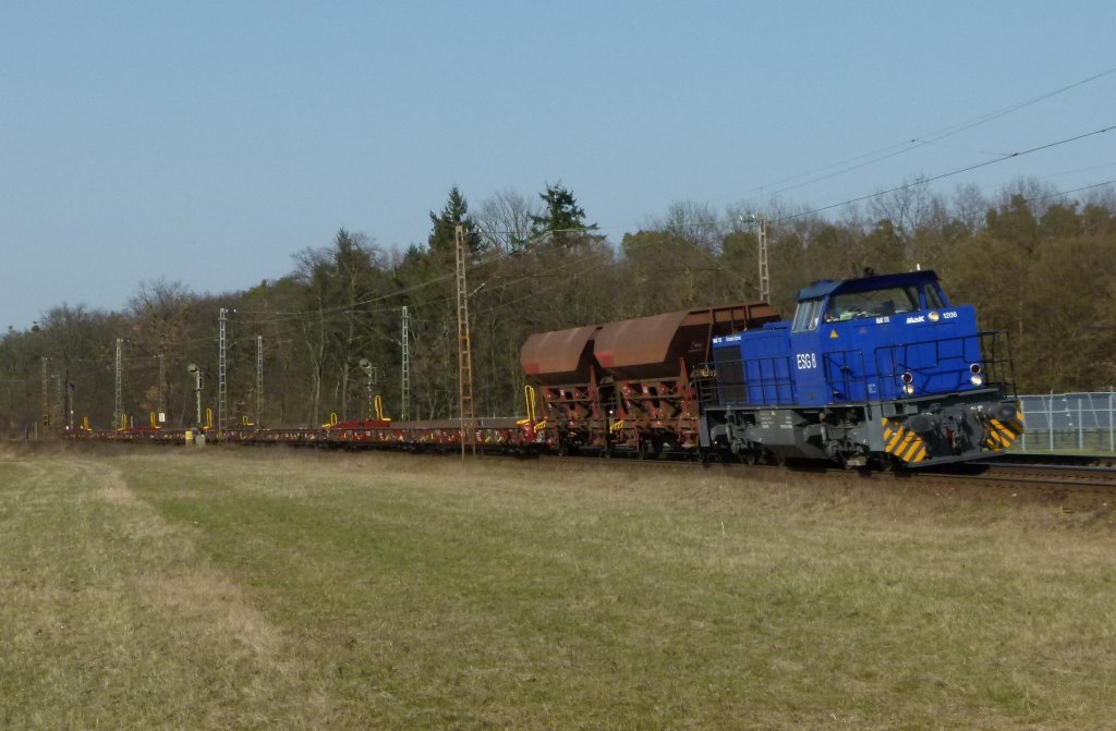 Mak G 1206 ESG8 ist mit einen kleinen Gterzug am 22.03.2012 bei Waghusel