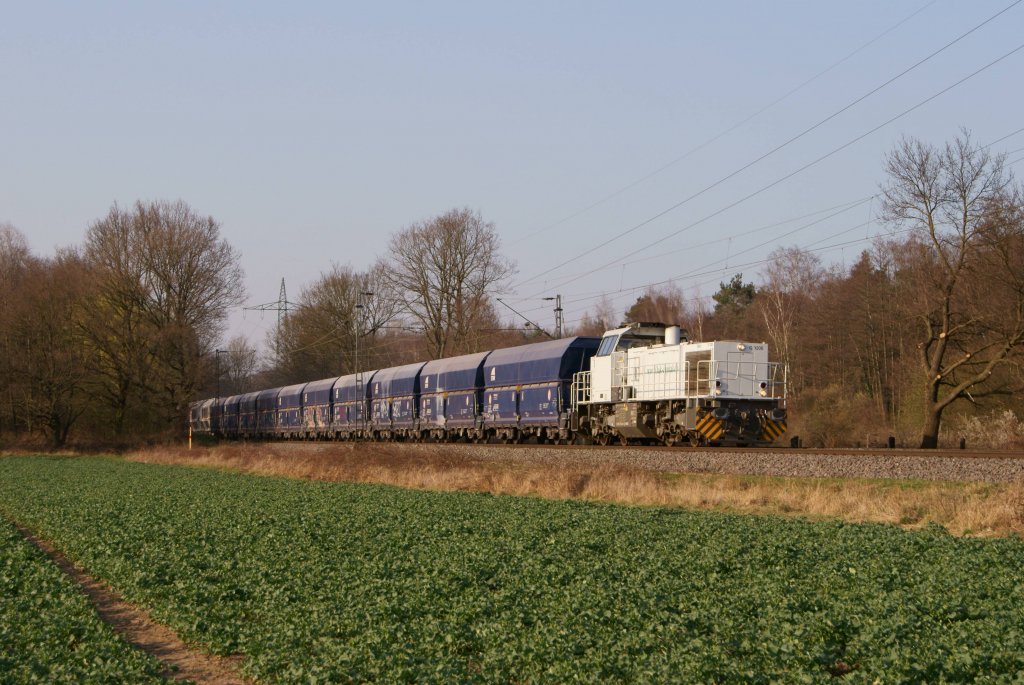 MaK G 1206 von Oak Capital mit einem Kalkzug aus Flandersbach in Ratingen am 23.03.2012