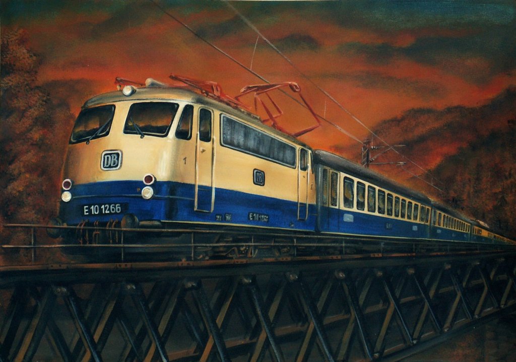 Manfreds Rail Art:  Rheingold 62 ; Acryl, ca. 30 x 42 cm; weitere Eisenbahnbilder auf Manfreds Rail Art: http://www.atelier-manf.ch/railart_home.htm