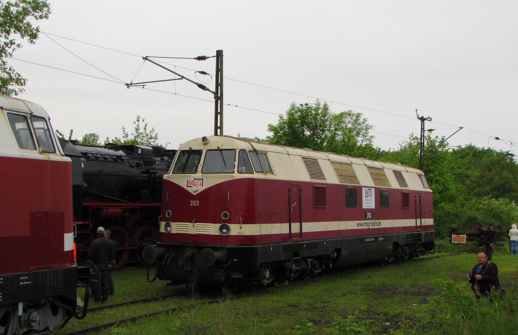 MEG 203 am 25.05.2013 beim 18. Eisenbahnfest unter dem Motto  DR E-Loktreffen  des Thringer Eisenbahnvereins im ehem. Bw Weimar. 