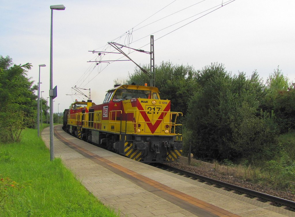 MEG 217+ MEG 220 mit einem gemischten Güterzug von Braunsbedra nach Buna Werkbf, am 07.09.2010 am Hp Buna Werke.