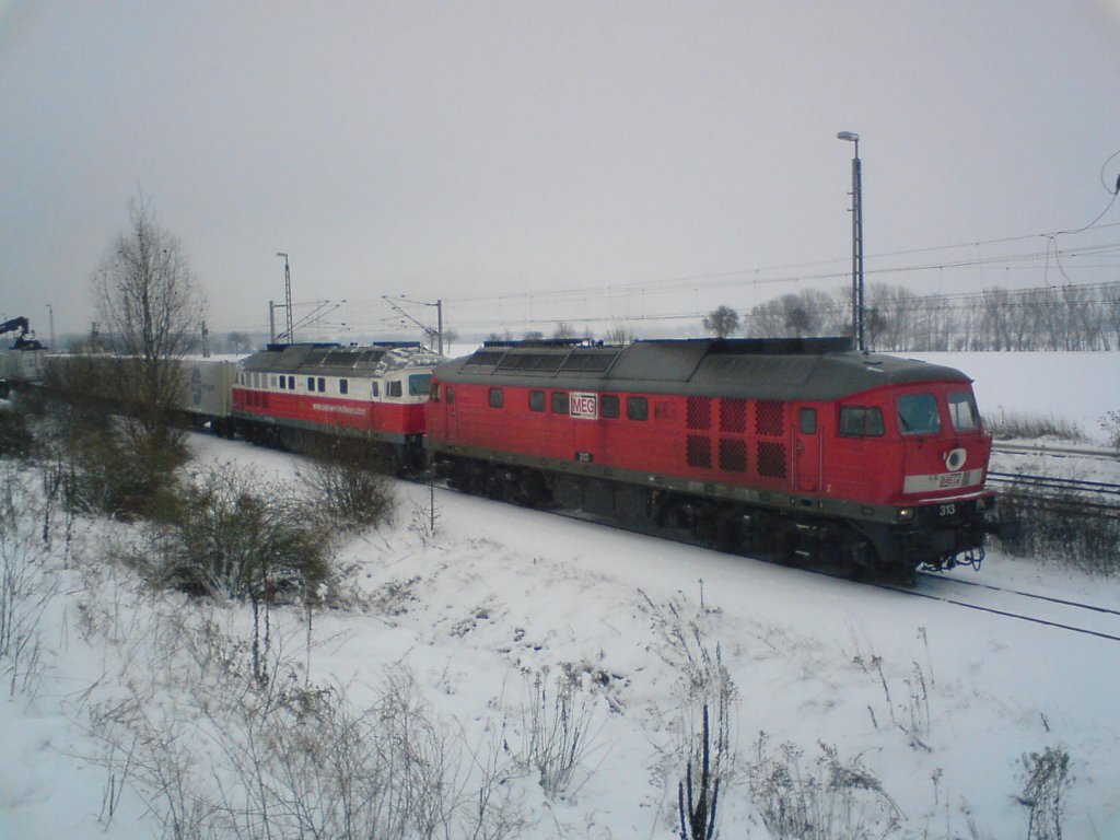 MEG 313 (ex 232 068) und 232 409-3 mit einem Containerzug in Grolehna, am 07.01.09