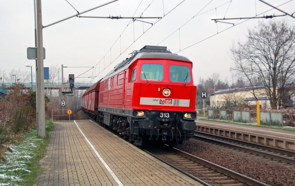 MEG-313 zieht am 28.11.10 den Kohlependel Dessau - Profen durch Petersroda Richtung Leipzig.