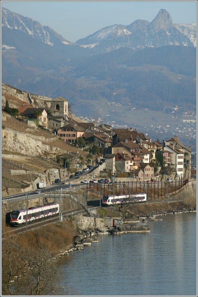 Mein Beitrag zum  Valentinstag : Am Genfersee wird heftig geFLIRTet: S1 Villeneuve - Yverdon begegnet der S 3 Allaman - Villeneuve bei St-Saphorin am 8. Februar 2011. 