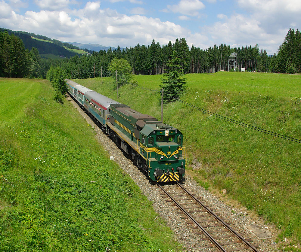Mein pers�nlicher H�hepunkt in Sachen Bahn im Jahr 2010 war der erstmalige Besuch einer slowenischen Gro�diesellok der Baureihe 664 in �sterreich.

Damals war eine englische Reisegruppe mit dem Sonderzug 19194 gezogen von der 664 119 von Maribor via Bruck an der Mur, St. Michael, Obdach, Klagenfurt und zur�ck �ber den Karawankentunnel nach Ljubljana unterwegs.

Ein besonderes  Klangerlebnis war die Erklimmung des Scheitelpunkts der Lavanttalbahn, dem 880 Meter hohen Obdachersattel wo auch dieses Bild entstanden ist. 