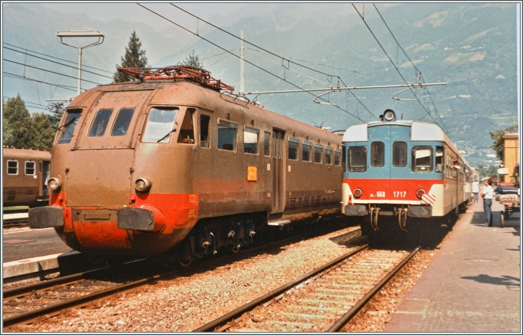 Meran/Merano im Sommer 1984: mit dem FS Dieseltriebwagen Aln 668 1717 ging es Richtung Mals und elektrisch mit dem Ale 840 Richtung Bozen/Bolzano.