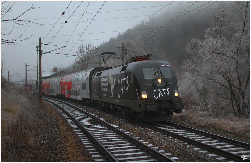 Mit dem Durchbinder R 2211 fhrt Werbelok 1116 153  CATS  von Retz nach Payerbach Reichenau. 
Schlglmhl 2.12.2011