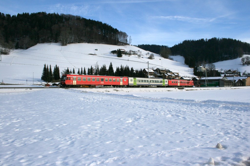 Mit dem Steuerwagen 938 voraus fhrt ein dreiteiliger NPZ der BLS als RE 3455 (Thun - Solothurn) vor dem Drfchen Walkringen talwrts Richtung Burgdorf. 22.2.2010. 