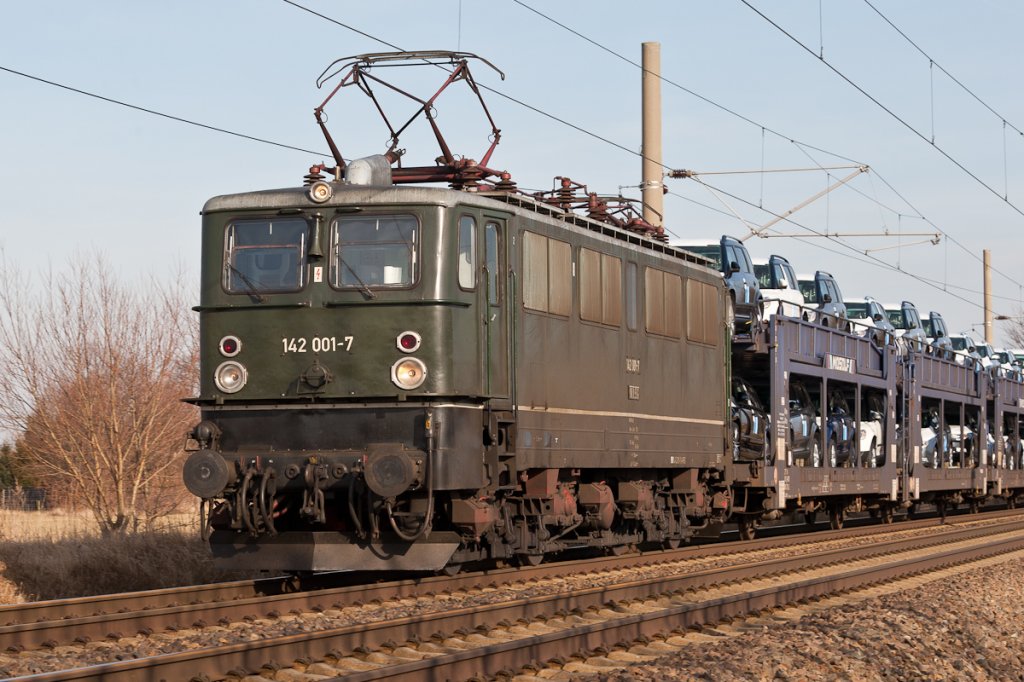 Mit einem Autozug ist 142 007-7 der MTEG am 22.02.2012 unterwegs bei Radegast in Richtung Leipzig.