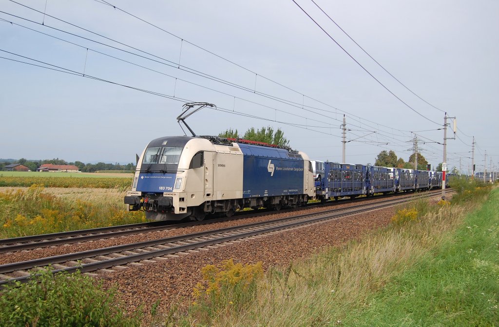 Mit einem Ganzautozug ist am 04.09.2011 die 183 704
kurz vor Marchtrenk vorgefahren.