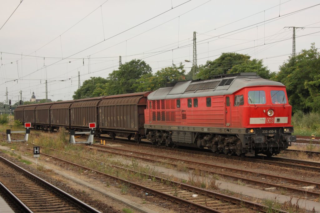 Mit einem kurzen Zug Schiebewandwagen fhrt 233 450-6 durch Magdeburg Hbf in Richtung Magdeburg-Neustadt. Fotografiert am 29.07.2010. 