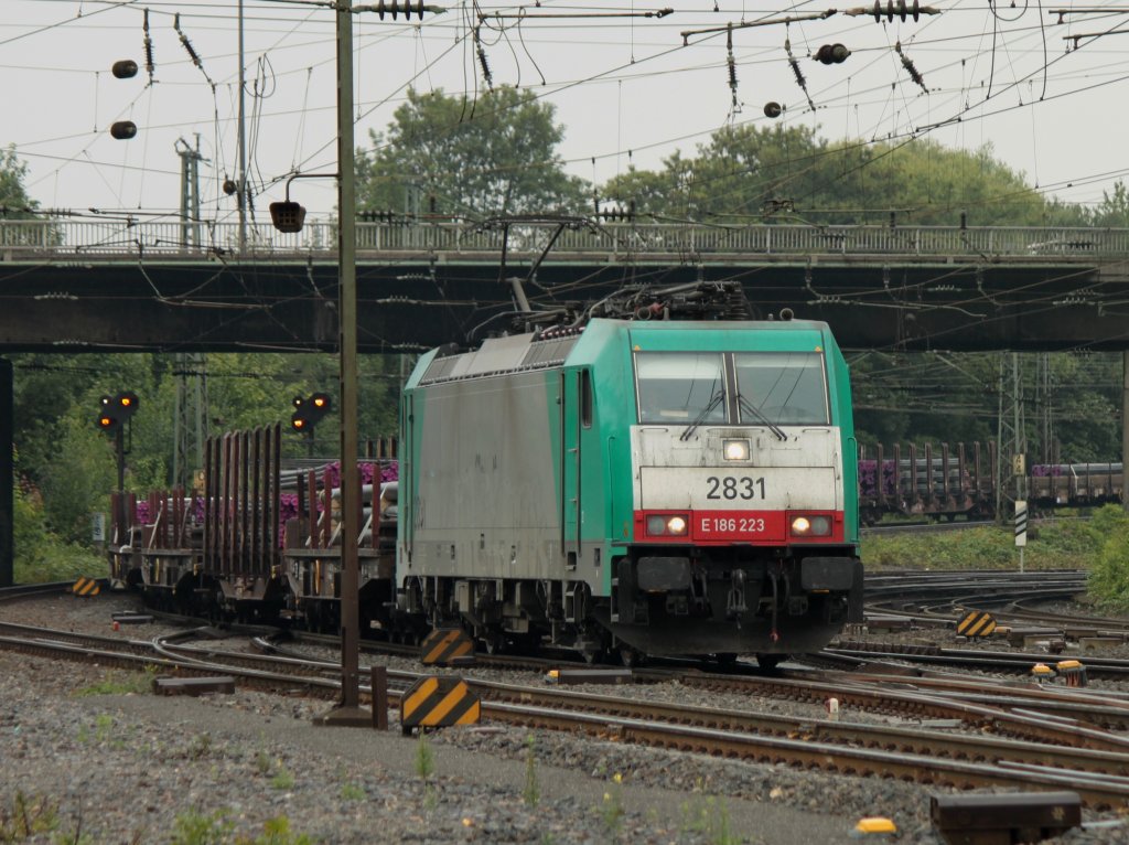 Mit einem Rhrenzug am Haken kommt Cobra 186 223 (2831) am 26.07.2011 von Belgien die Montzenrampe runter nach Aachen West.