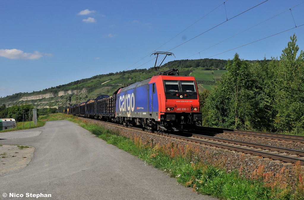 Mit einem schönen blauen Holzganzzug war die SBB Re482 036-1 nach Würzburg unterwegs (Thüngersheim 21.08.10)