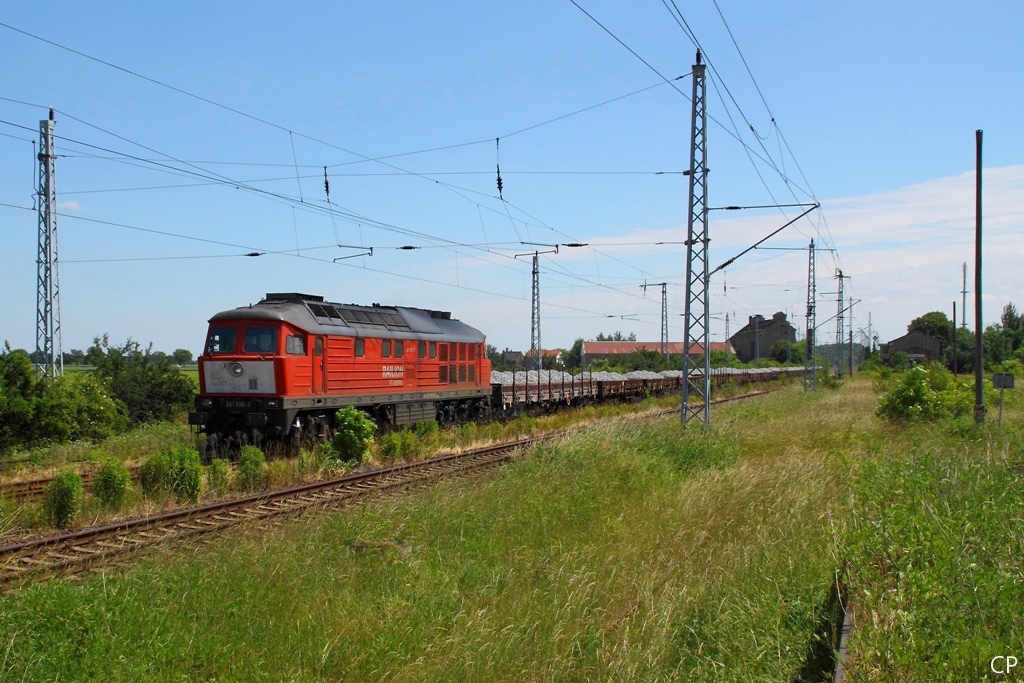 Mit einem Schotterzug durchfhrt 241 338-3 am 18.6.2010 den Bahnhof Krensitz.