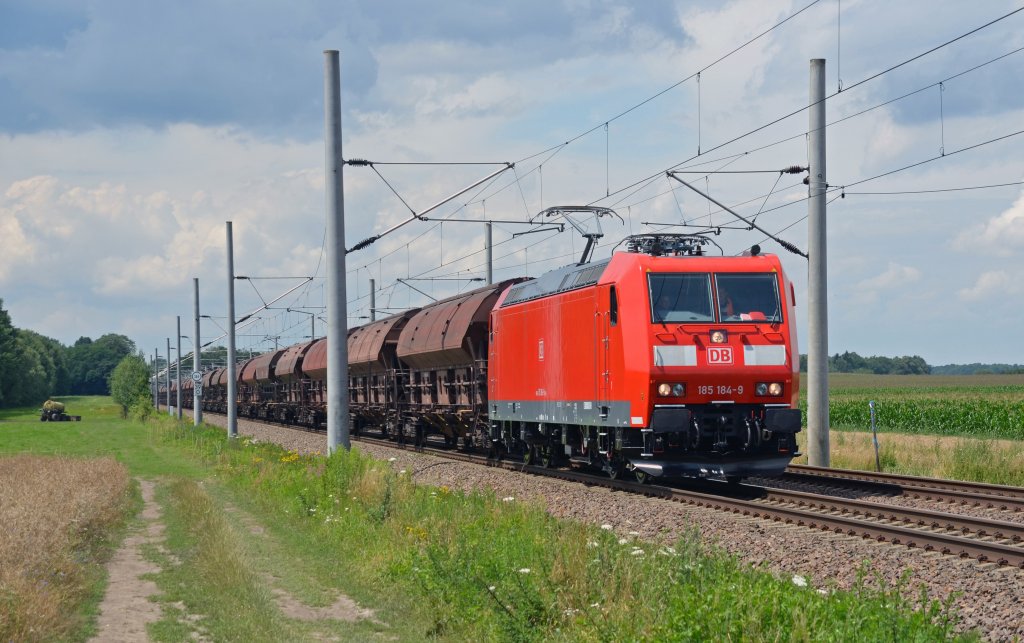 Mit einem Schwenkdachwagenzug durchfuhr 185 184 am 11.07.12 Radegast Richtung Dresden.
