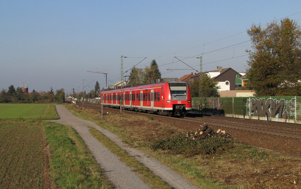 Mit etwas mehr Spielraum zwischen Zug und Umgebung lichtete die RB2 nach Karlsruhe hier in Blankenloch ab. Als Fahrzeug diente ein Elektrotriebwagen der Baureihe 425. 23.10.2011 