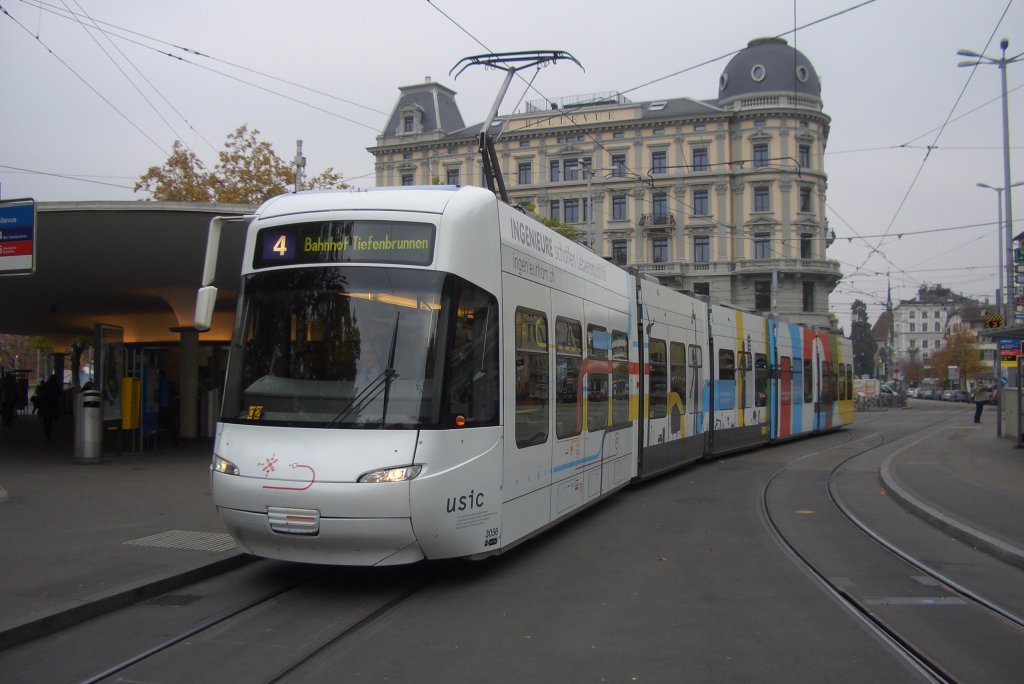 Mit Ganzfahrzeugswerbung eines Ingenieurbros (?) prsentierte sich Cobra 3056 der VBZ am Morgen des 30.10.09 am Bellevue.