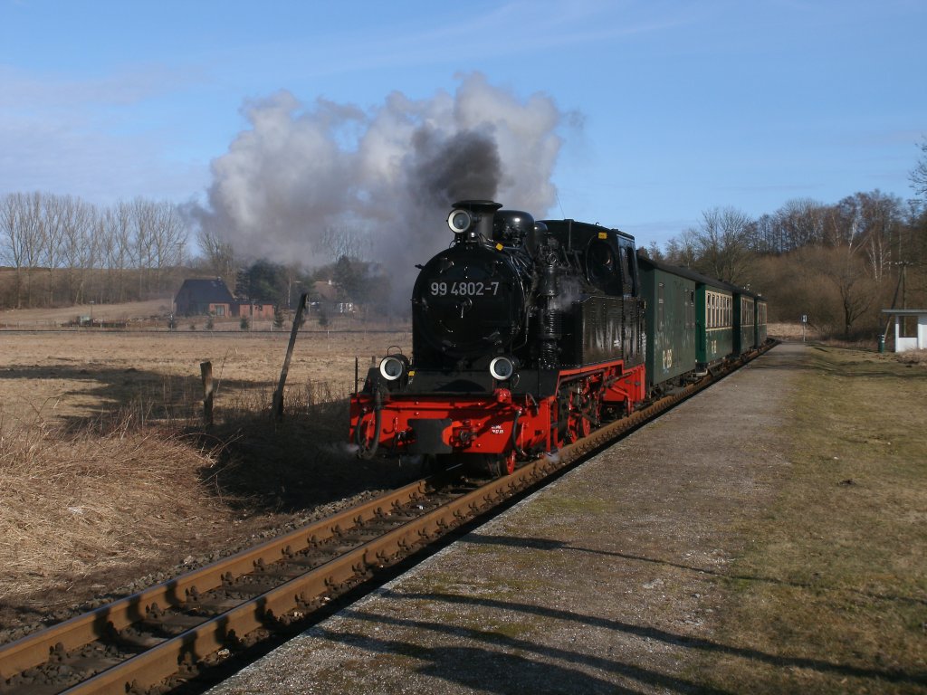 Mit ihren fast 73 Dienstjahren,davon 46 Jahre auf R�gen,z�hlt 99 4802 zu den zuverl�ssigsten  Lok`s beim Roland.Am 07.M�rz 2011 durchfuhr Sie mit einem kurzen Personenzug den Haltepunkt Serams nach Putbus.