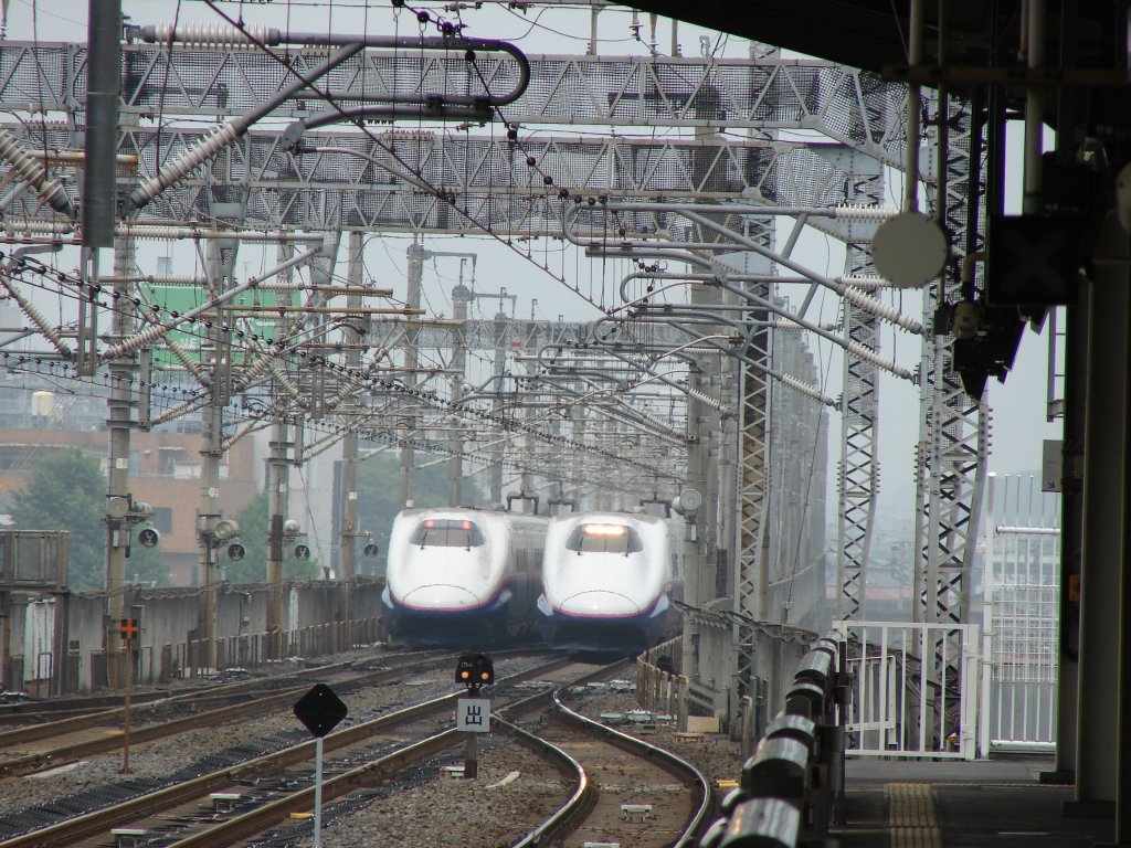Mit langem Tele : gerade ausserhalb vom Bahnhof Oyama kreuzen sich zwei Shinkansen - 28/06/2007