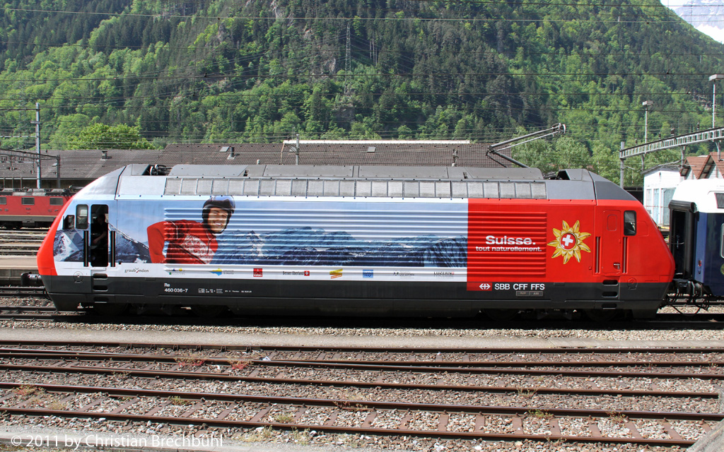 Mit my Switzerland wirbt es sich gut im Bhf Erstfeld am 7. Mai 2011 auf der RE 460 036-7.