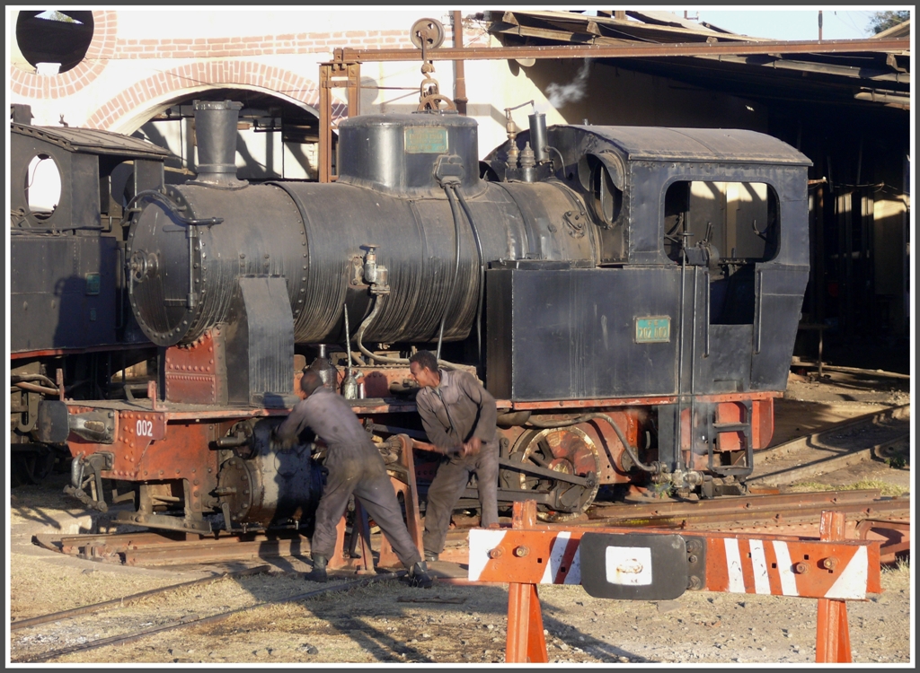 Mit vereinten Krften wird die 202 002 abgedreht. Depot Asmara (31.01.2012)